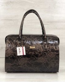 Каркасна сумка жіноча Саквояж коричневий лаковий мармур