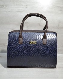 Каркасна сумка жіноча Саквояж синя кобра з коричневим гладким